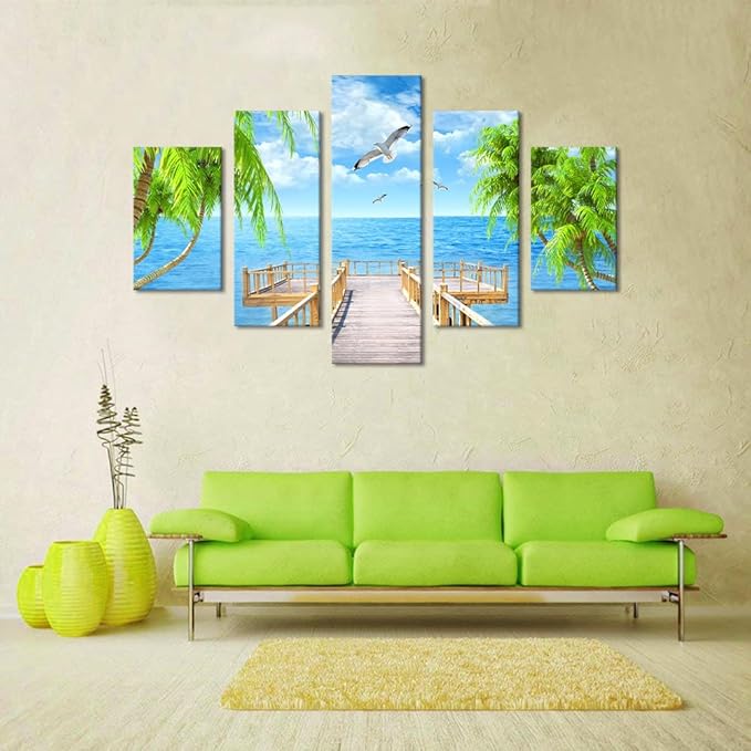 Landscape Seagulls Palm Scene Picture Modern Painting on Canvas 5 Panels Combination Set Framed Wall Art for Living Room Bedroom Home Decor Stretched Gallery Wrap Giclee Print (60''W x 40''H)