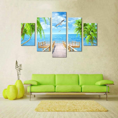 Landscape Seagulls Palm Scene Picture Modern Painting on Canvas 5 Panels Combination Set Framed Wall Art for Living Room Bedroom Home Decor Stretched Gallery Wrap Giclee Print (60''W x 40''H)