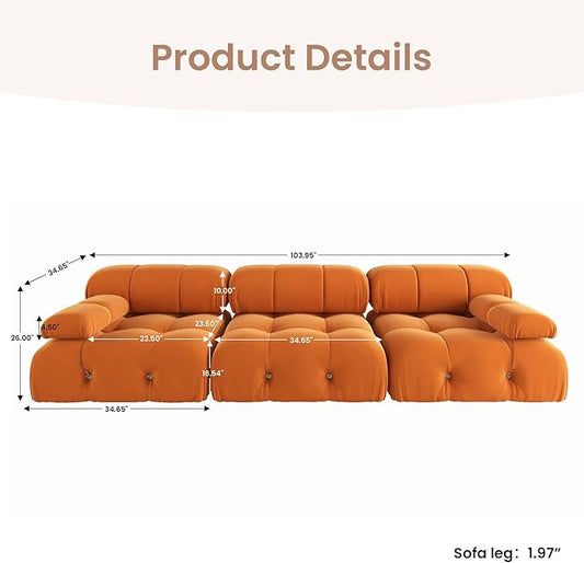 104'' Modular Sectional Sofa, Modern Luxury Velvet Bubble Couch, Deep Seat Cloud Sectional Couches for Living Room, Apartment (3 Seats, Orange)