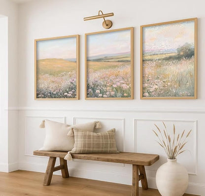 3Pcs Floral Landscape Canvas Wall Art French Country Painting Picture Wall Decor Vintage Country Wildflower Print Farmhouse Poster Artwork for Office Living Room Bedroom Home Decoration Unframed