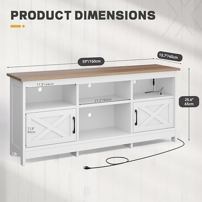 YITAHOME TV Stand for 65 Inch TVs, Entertainment Center with Storage Cabinets, Power Outlet & LED Light, Media Console Living Room Furniture, White