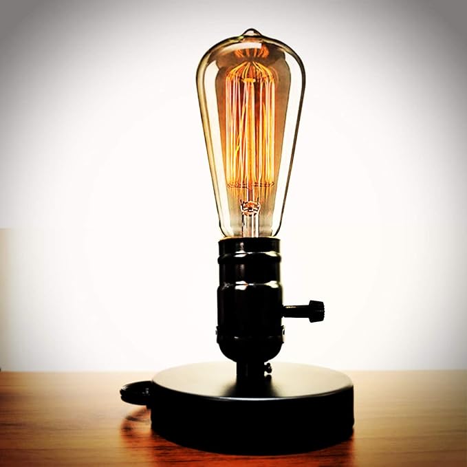 Edison Desk Lamp, Vintage Table Lamp Base, E26 E27 Industrial Retro Loft Light with Plug in Cord On/Off Switch, Bedside Lamp Holder, Home/Office/College Dorm Lighting Decor, Black (No Bulb)