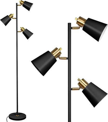 Tree Floor Lamp for Living Room, Industrial 3-Light Standing Lamp with 3 LED Bulbs, Adjustable Rotation Heads, Standing Tall Pole Lamp Farmhouse Rustic Reading Lamps for Bedroom Office (Black Gold)