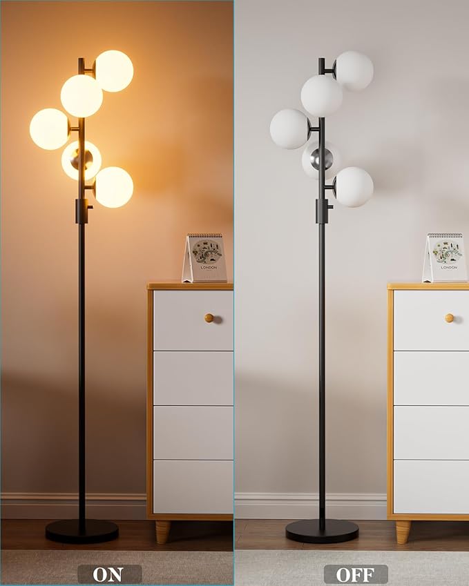 Lightdot 5-Globe Dimmable Globe Floor Lamp Black Retro Standing Lamps with 3000K Bulbs Brightness Adjustable Mid Century Modern Floor Lamp with 5Lbs Heavy Base for Living Room/Bedroom/Sofa Beside