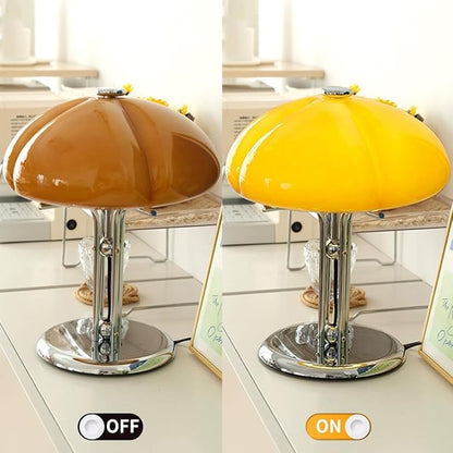 Mushroom Table Lamp with Caramel Lampshade,Art Deco Glass Desk Light with Chrome Base,Dimmable Small Nightstand Lamp,Mid Century Table Light for Living Room Bedroom