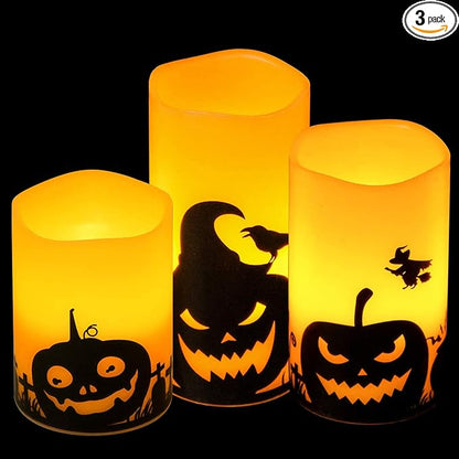Pumpkin Flameless Candles Battery Operated with 6 Hour Timer, Set of 3 Real Wax LED Flickering Pillar Candles Spooky Halloween Decor Candle(3 x 4, 5, 6 Inches)