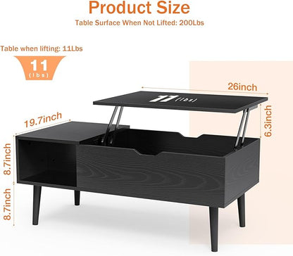 Sweetcrispy Coffee Table Lift Top Coffee Tables for Living Room,Small Rising Wooden Center Tables with Storage Shelf and Hidden Compartment, Black