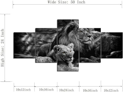 Yatsen Bridge 5 Piece Lion Picture Wall Decor Black and White Lion and Lioness Picture Printed on Canvas Modern Gallery-Wrapped Lion Painting Ready to Hang for Home and Office Decor - 50''W x 24''H