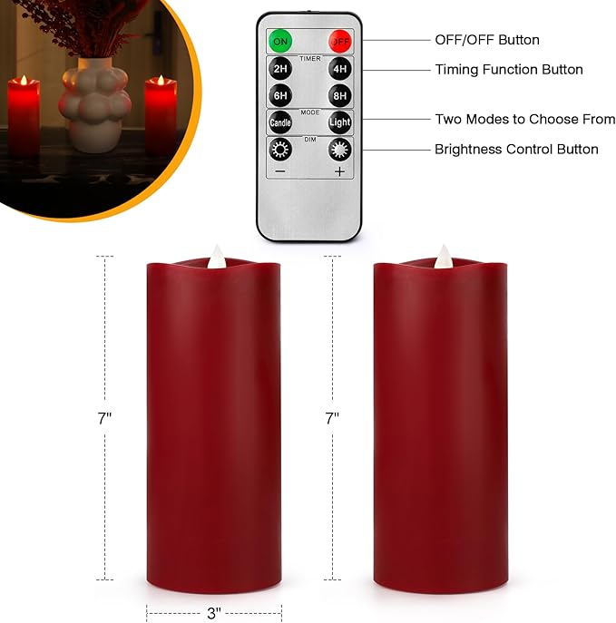 Enpornk 7” x 3” Flameless Candles, Flickering Moving Flame LED Candles, Battery Operated Candles with Remote and Timers, Burgundy, Set of 2