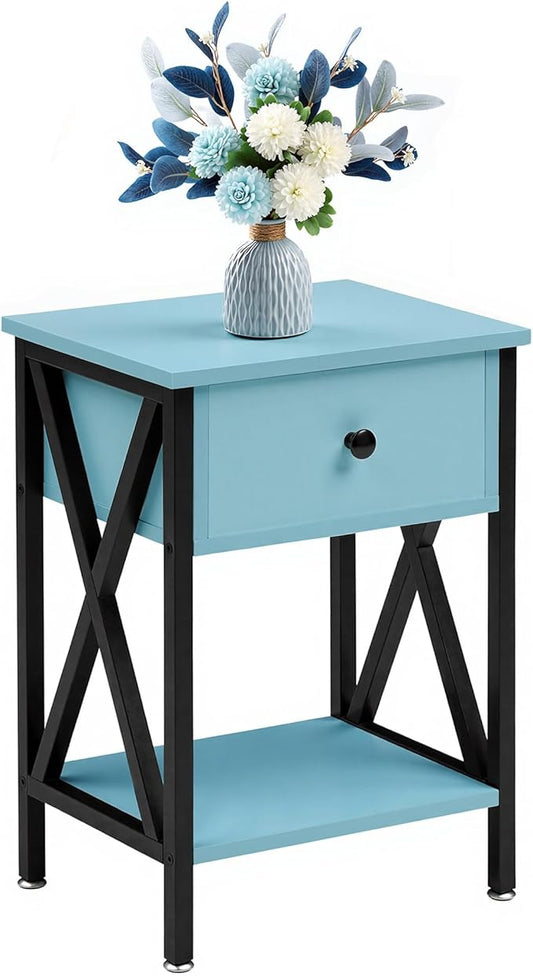VECELO Nightstand,Modern Bedside End Table, Night Stand with Drawer and Storage Shelf for Living Room Bedroom, Industrial Metal Frame