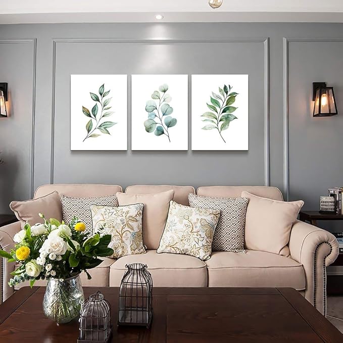 Green Leaf inspirational canvas Wall Art for Bedroom modern Canvas Prints Artwork Bathroom Wall Décor for Living Room Office Abstract Watercolor paintings 3 Piece Home Decoration kitchen wall painting