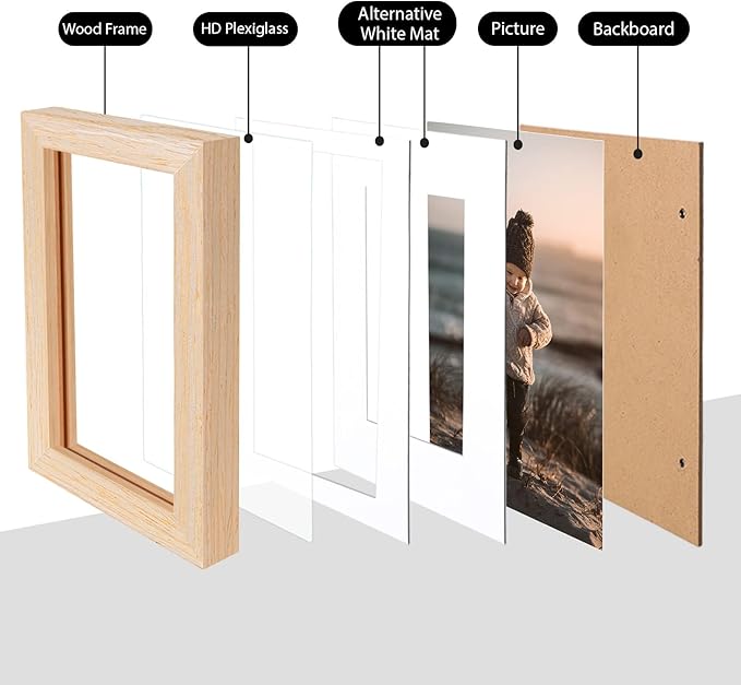 KINLINK A4 Picture Frame, White Oak Solid Wood Frames with Acrylic Plexiglass for Pictures A5 with Mat or A4 without Mat, Tabletop and Wall Display Photo Frame 4 Pack