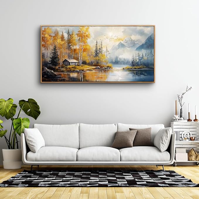 ZUITINGHUA Canvas Wall Art For Living Room Large Wall Decor For Office Bedroom Decorations Lake Scenery Painting Autumn Landscape Wall Pictures Artwork Ready to Hang Home Decor Wood Framed 24x48 In