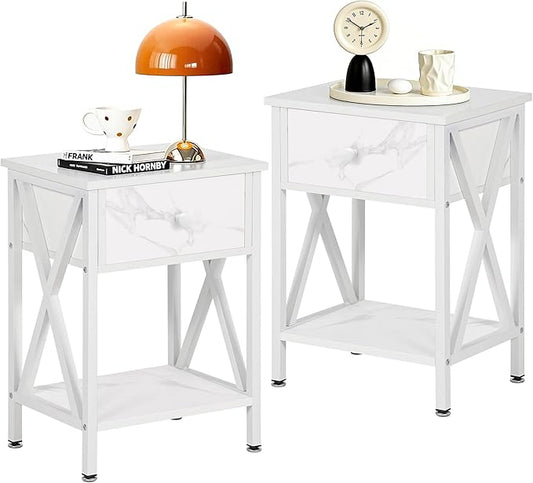 VECELO Nightstands, Modern Bedside End Tables Set of 2, Night Stand with Drawer and Storage Shelf for Living Room Bedroom, Industrial Metal Frame
