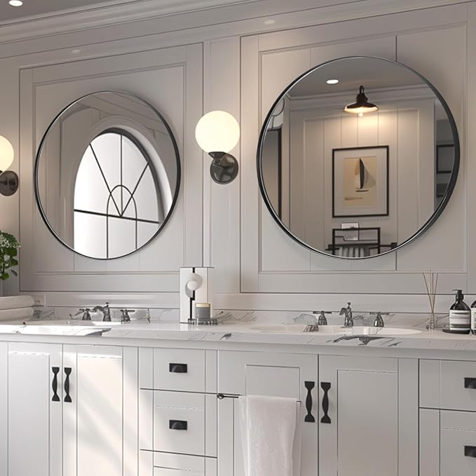 ANDY STAR Round Wall Mirror for Bathroom, 30 Inch Black Circle Mirror Modern Premium Stainless Steel Metal Frame Wall Mounted for Bathroom, Entryway, Vanity, Living Room, Bedroom