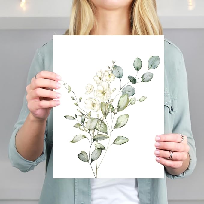 Botanical Watercolor Art Prints (Set of 4) - 8x10 (Unframed) | Boho Leaves and Flowers Wall Decor | Minimalist Floral Artwork for your Home, WFH Office, Kitchen, Dining Room, Bedroom, and Bathroom