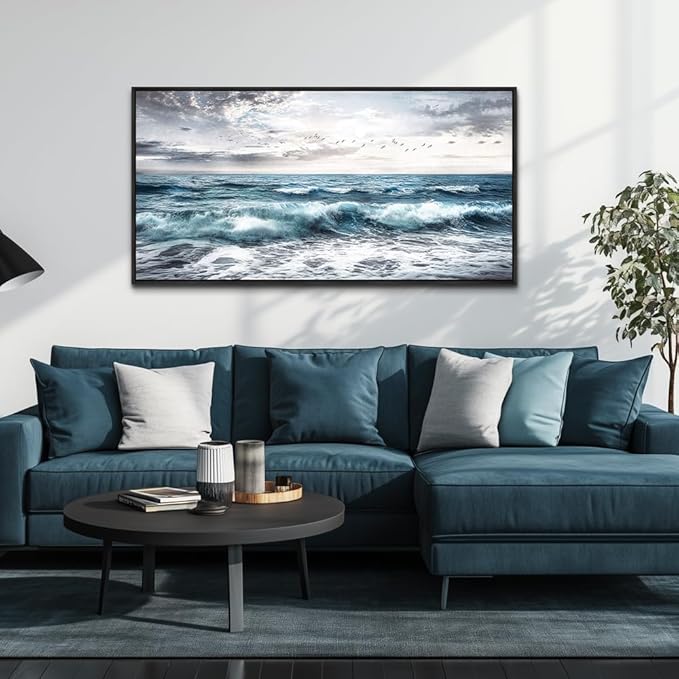 QIYILEXWART Black Framed Large Wall Decor For Living Room Canvas Wall Art For Office Wall Decoration For Bedroom Ocean Waves Painting Modern Picture Artwork Home Decor Ready To Hang