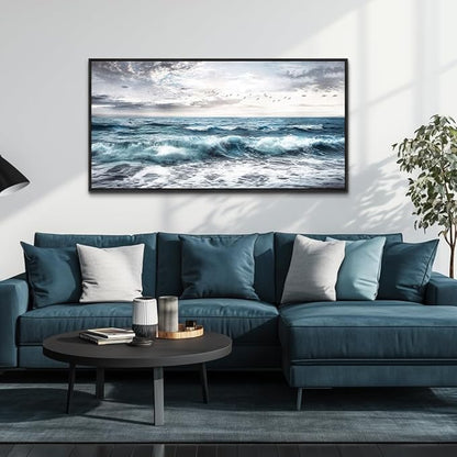 QIYILEXWART Black Framed Large Wall Decor For Living Room Canvas Wall Art For Office Wall Decoration For Bedroom Ocean Waves Painting Modern Picture Artwork Home Decor Ready To Hang
