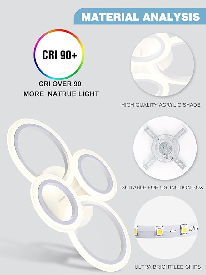 Modern LED Flush Mount Ceiling Light, 4 Rings White Close to Ceiling Light Fixtures, Kitchen Lighting Fixture Ceiling Lamp for Bedroom, Living Room, Laundry Room, 4000K Not Dimmable