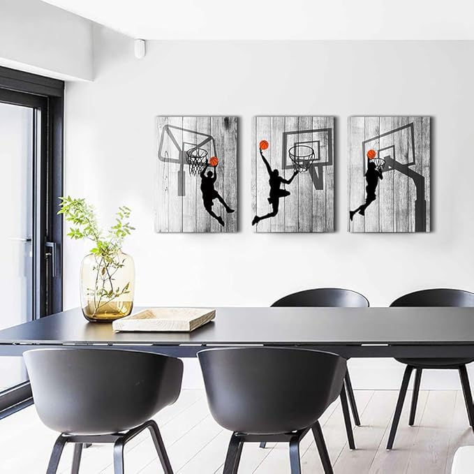 Black And White Canvas Wall Art For Living Room Bathroom And Bedroom Kitchen Wall Decor Artwork Canvas Prints Play Basketball Sport Painting 20" X 28"3 Piece Modern Framed Office Home Decorations