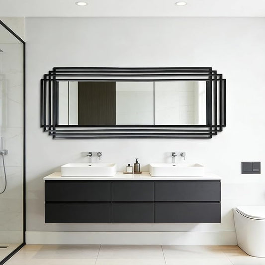 Large Geometric Mirror, 63"x24" Rectangle Art Deco Mirror with Black Metal Frame, Modern Elegant Wall Mirrors for Living Room Bathroom Entryway Hallway, Hangs Vertically or Horizontally