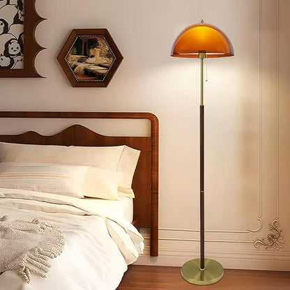 Tea Brown Dome Acrylic Shade Floor Lamp with Pull Chain,Mushroom Standing Lamp with Golden Base,Mid Century Modern Floor Light for Living Room Bedroom and Office
