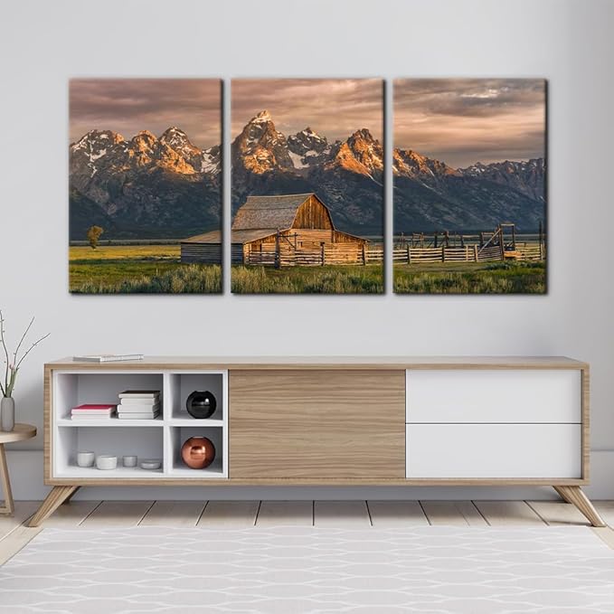 Pacimo Country Paintings for Wall Grand Canyon Picture Art Nature Landscape Artwork 3 Pieces Log Cabin Modern Wall Art Giclee Home Decorations for Living Room Framed Ready to Hang - 20"x28"x3 Panels