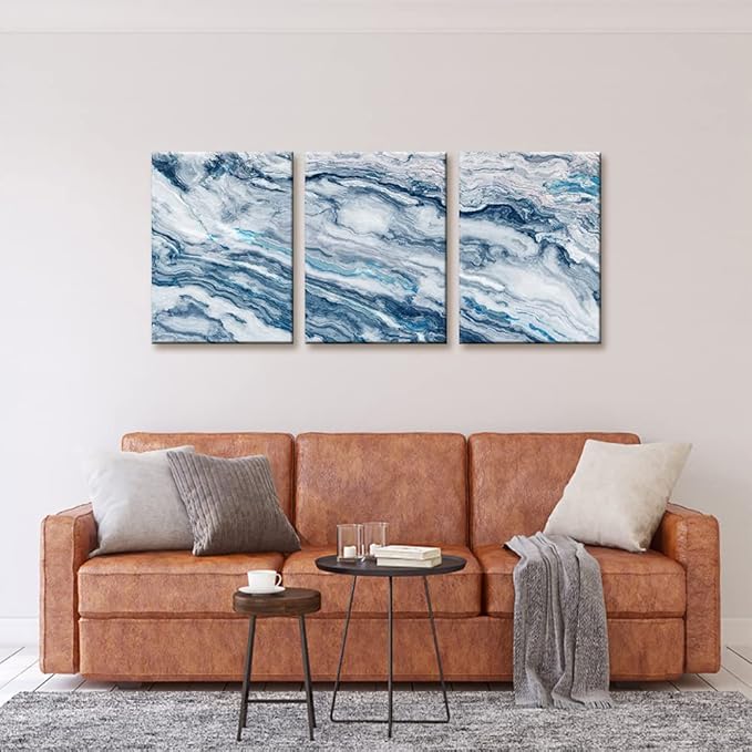 Abstract Wall Art Bedroom Wall Décor 3 Piece Blue Beach Ocean Picture Coastal Theme Nautical Sea Wave Canvas Prints on Canvas Seascape Modern Artwork for Home Living Room Office - 12"x16"x3 Panel