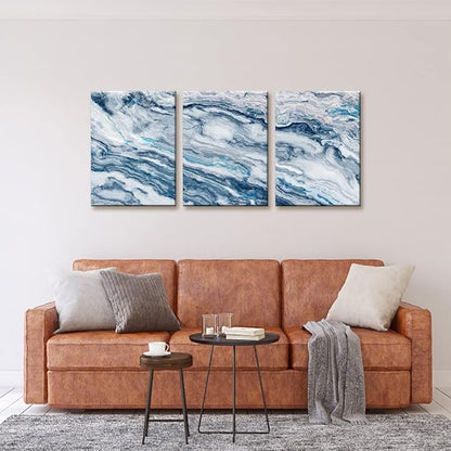 Abstract Wall Art Bedroom Wall Décor 3 Piece Blue Beach Ocean Picture Coastal Theme Nautical Sea Wave Canvas Prints on Canvas Seascape Modern Artwork for Home Living Room Office - 12"x16"x3 Panel