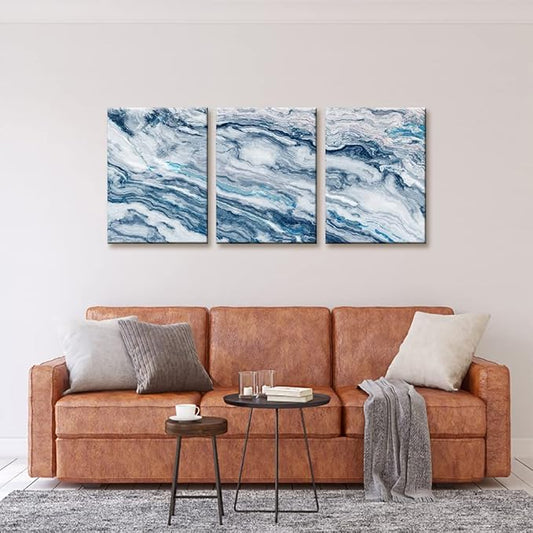 Abstract Wall Art Bedroom Wall Décor 3 Piece Blue Beach Ocean Picture Coastal Theme Nautical Sea Wave Canvas Prints on Canvas Seascape Modern Artwork for Home Living Room Office - 12"x16"x3 Panel