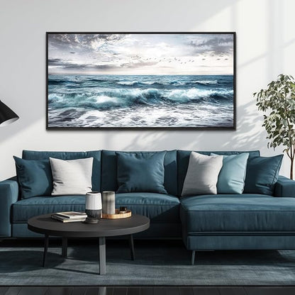QIYILEXWART Black Framed Canvas Wall Art For Living Room Large Wall Decor For Office Bedroom Decoration Modern Watercolour Picture Ocean Waves Painting Artwork Room Ready To Hang