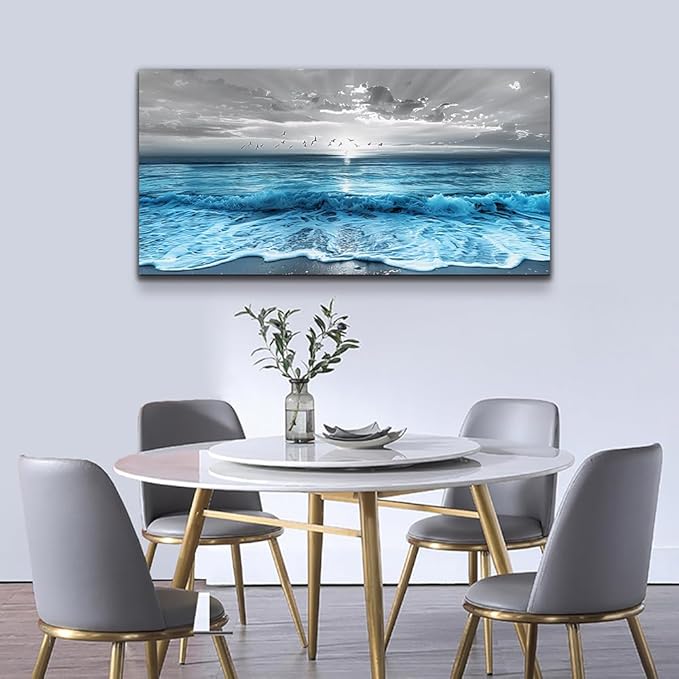 ERQINHUA Wall Decor For Living Room Canvas Wall Art For Bedroom Office Decorations Blue Sea Wave Ocean Paintings Beach Wall Pictures Canvas Artworks Modern Home Decor Mural Ready To Hang 20"X40"
