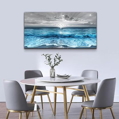 ERQINHUA Wall Decor For Living Room Canvas Wall Art For Bedroom Office Decorations Blue Sea Wave Ocean Paintings Beach Wall Pictures Canvas Artworks Modern Home Decor Mural Ready To Hang 20"X40"