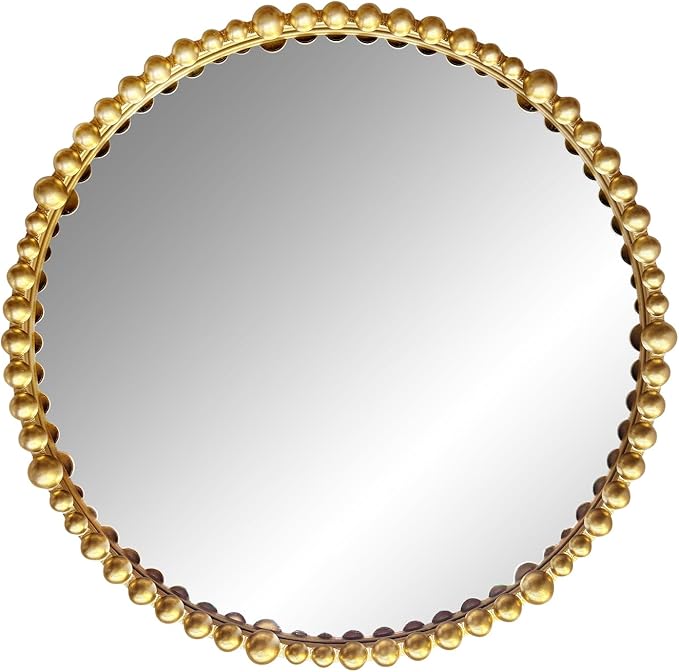 Gold Round Mirror with Beaded Frame ，Circle Antique Bathroom Vanity Mirror Decorative Wall Mirrors for Living Room,Bedroom, Entryway