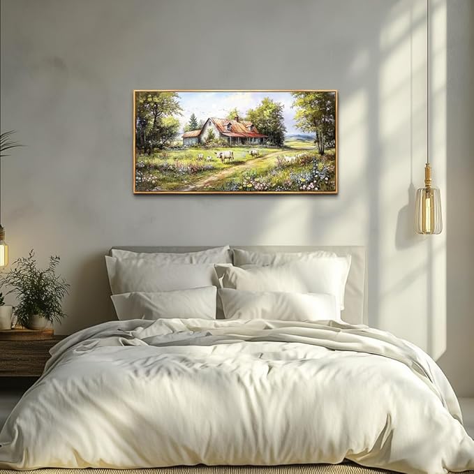 QIYILEXWART Wood Framed Canvas Wall Art For Living Room Wall Decor For Bedroom Office Wall Decoration Forest Lodge Painting Farmhouse Watercolour Pictures Artwork Room Aesthetic Home Decor