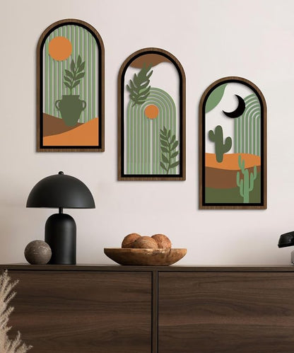 Putuo Decor Boho Wall Decor with Cactus, Modern Wooden Minimalist Wall Decor, Abstract Green Room Decorations 16x8 In Mid Century Artwork for Living Room Bedroom Office in Desert Green Set of 3