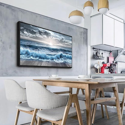 ERQINHUA Wall Decor For Bedroom Dining room Wall Art For Living Room Office Decor Blue Beach Sea Wave Paintings Sunrise Ocean Seascape Wall Pictures Canvas Artwork Home Decor Black Framed 20x40 In