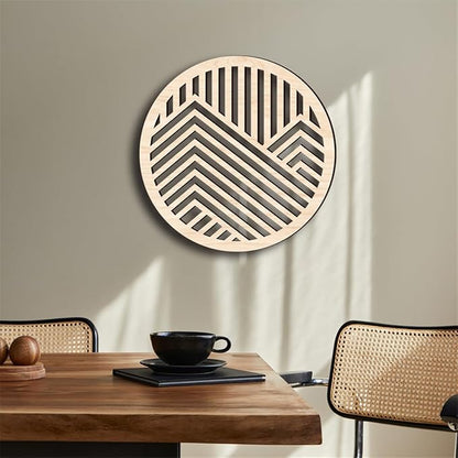 Geometric Wood Wall Art Decor, Modern Vintage Mountain Wall Sculptures Hanging Abstract Panels Decor, 3D Round Hollow Wooden Craft Art Boho Wall Decoration, for Home Office Living Room Bedroom (Beige)