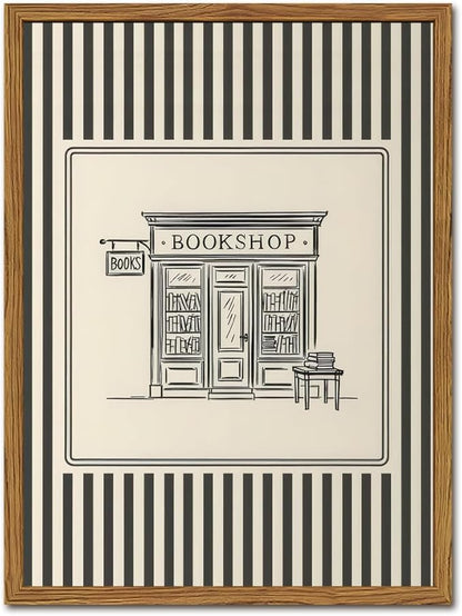 Vintage Striped Bookshop Wall Art, Retro Black and White Pictures Wall Decor College Minimalist Canvas Prints Paintings for Bathroom Bedroom Living Room 12x16 inch Framed