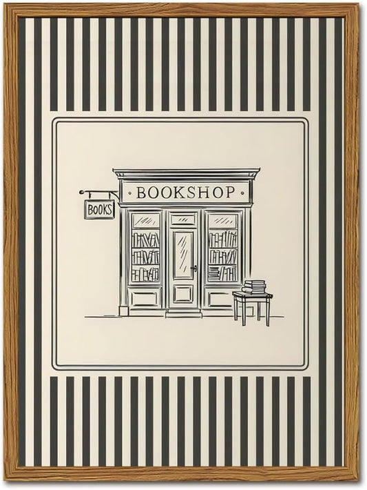 Vintage Striped Bookshop Wall Art, Retro Black and White Pictures Wall Decor College Minimalist Canvas Prints Paintings for Bathroom Bedroom Living Room 12x16 inch Framed