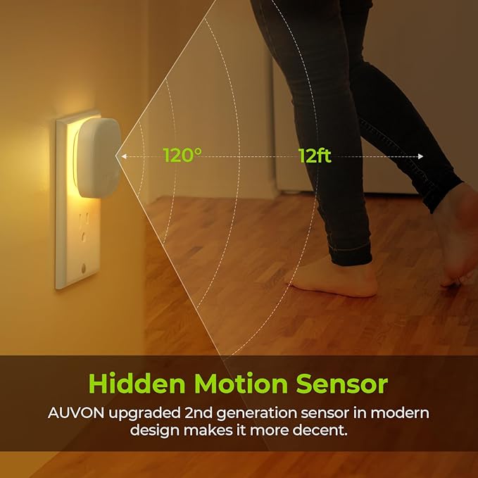 AUVON Plug-in LED Backlit Night Light with Motion Sensor & Dusk to Dawn Sensor, 2700K Soft Warm White Nightlight with 1-50lm Dimmable Brightness for Adults & Kids' Bedroom, Bathroom, Hallway (4 Packs)