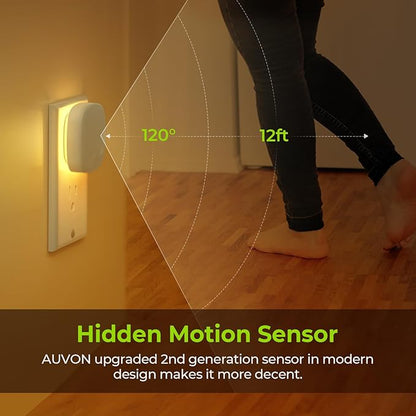 AUVON Plug-in LED Backlit Night Light with Motion Sensor & Dusk to Dawn Sensor, 2700K Soft Warm White Nightlight with 1-50lm Dimmable Brightness for Adults & Kids' Bedroom, Bathroom, Hallway (4 Packs)
