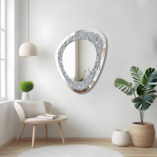 DMDFIRST Modern Irregular Shaped Wall Mirror – 21.6x16 Inch Decorative Oval Diamond Decor Mirror for Living Room, Bedroom, Bathroom, Entryway