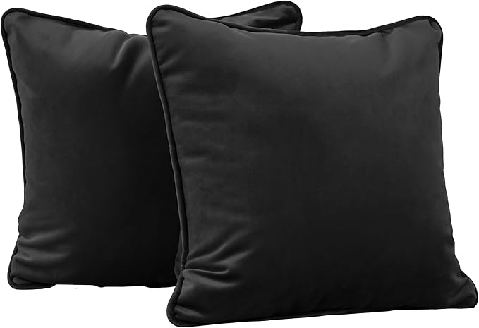 FDP 15" x 15" Velvet Square Pillow Set with Piping Decorative Throw Pillow for Home Dcor in Living Room, Bedroom or Lounge (2-Pack) - Onyx, 15157-350
