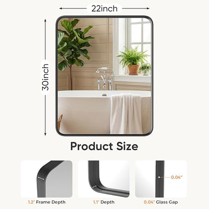 Sweetcrispy Bathroom Wall Mirror, 30x22 Inch Wall Mount Mirror for Over Sink, Modern Rounded Rectangle Vanity Mirror with Matte Metal Framed, for Home Decor, Living Room, Bedroom, Black