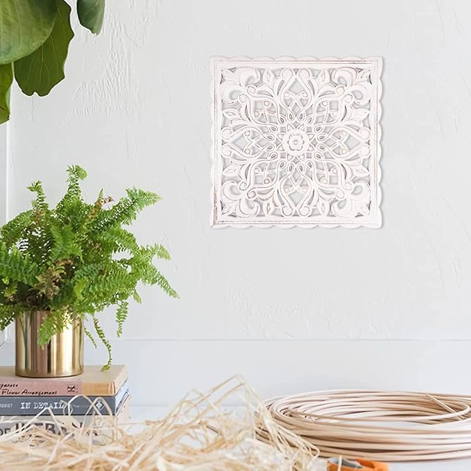 HOTBEST Wooden Wall Decor Floral Hollow Carved Wall Panel Hanging Decor Rustic Wall Art Sculpture Home Wall Ornament for Hallway Bedroom Living Room Cafe Office ...(Square 30 * 30cm)