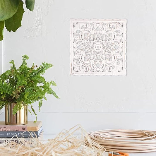 HOTBEST Wooden Wall Decor Floral Hollow Carved Wall Panel Hanging Decor Rustic Wall Art Sculpture Home Wall Ornament for Hallway Bedroom Living Room Cafe Office ...(Square 30 * 30cm)