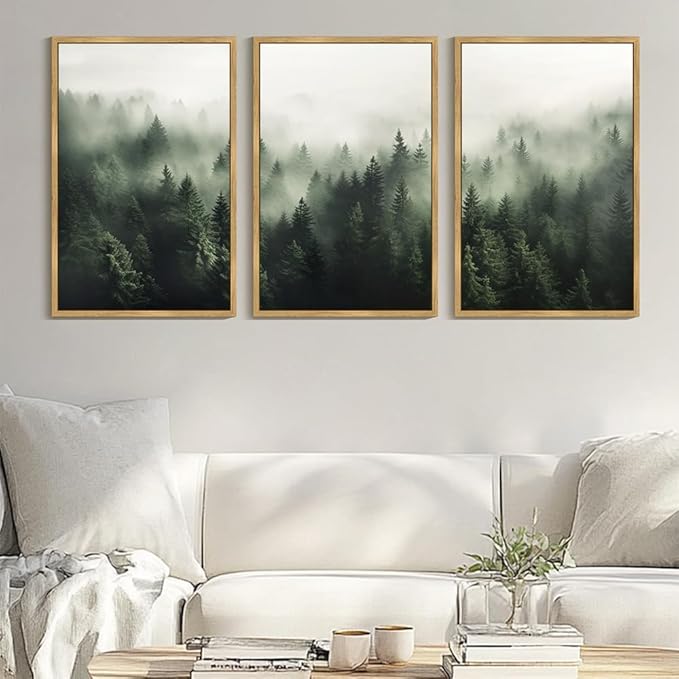 PHOPAGO Green Fog Pine Tree Framed Wall Art Huge 24x36in Nature Misty Nordic Forests Artwork Morden Paints for Living Room Bedroom Decor - Natural Framed