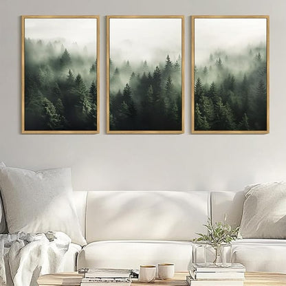 PHOPAGO Green Fog Pine Tree Framed Wall Art Huge 24x36in Nature Misty Nordic Forests Artwork Morden Paints for Living Room Bedroom Decor - Natural Framed