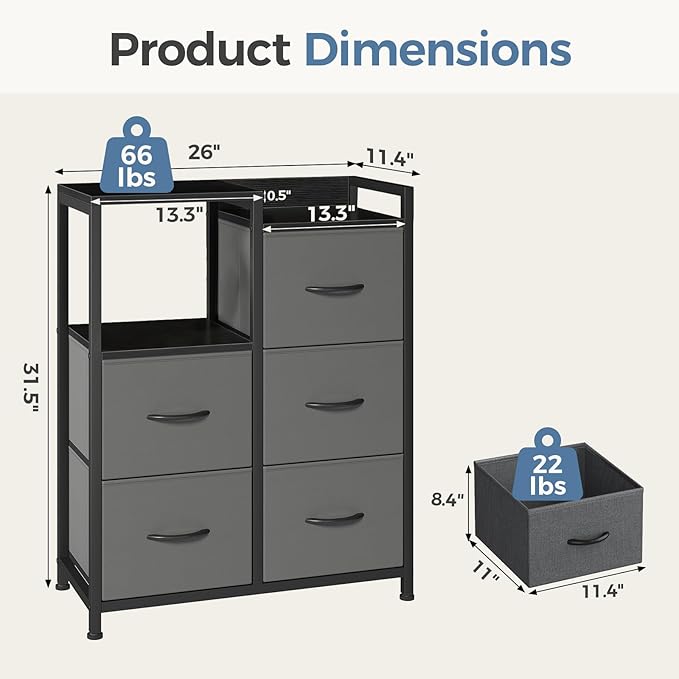 DUMOS TV Stands for Bedroom with 5 Drawers, 5-Drawer Chest of Drawers with Raised Shelf, Storage Tower with Fabric Bins for Closet Organization, Hallway Storage, Ash
